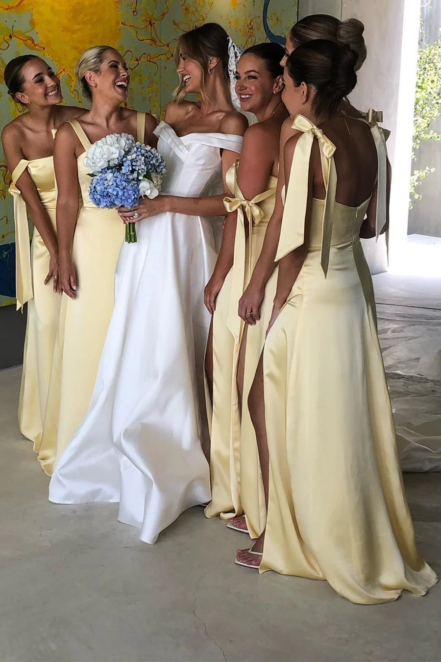 Sheath Straps Yellow Satin Long Bridesmaid Dresses with Slit