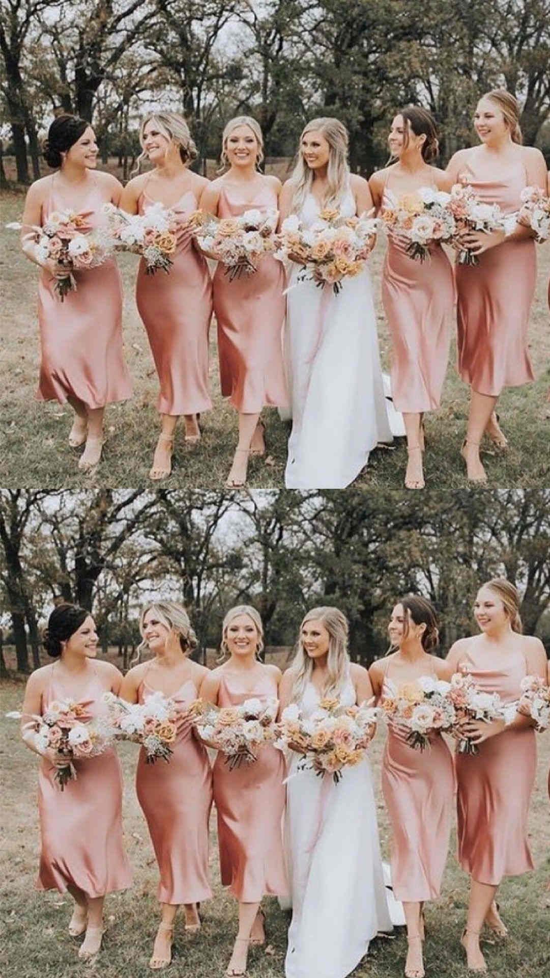 Spaghetti Straps Cowl Neck Tea-Length Champagne Sheath Bridesmaid Dress