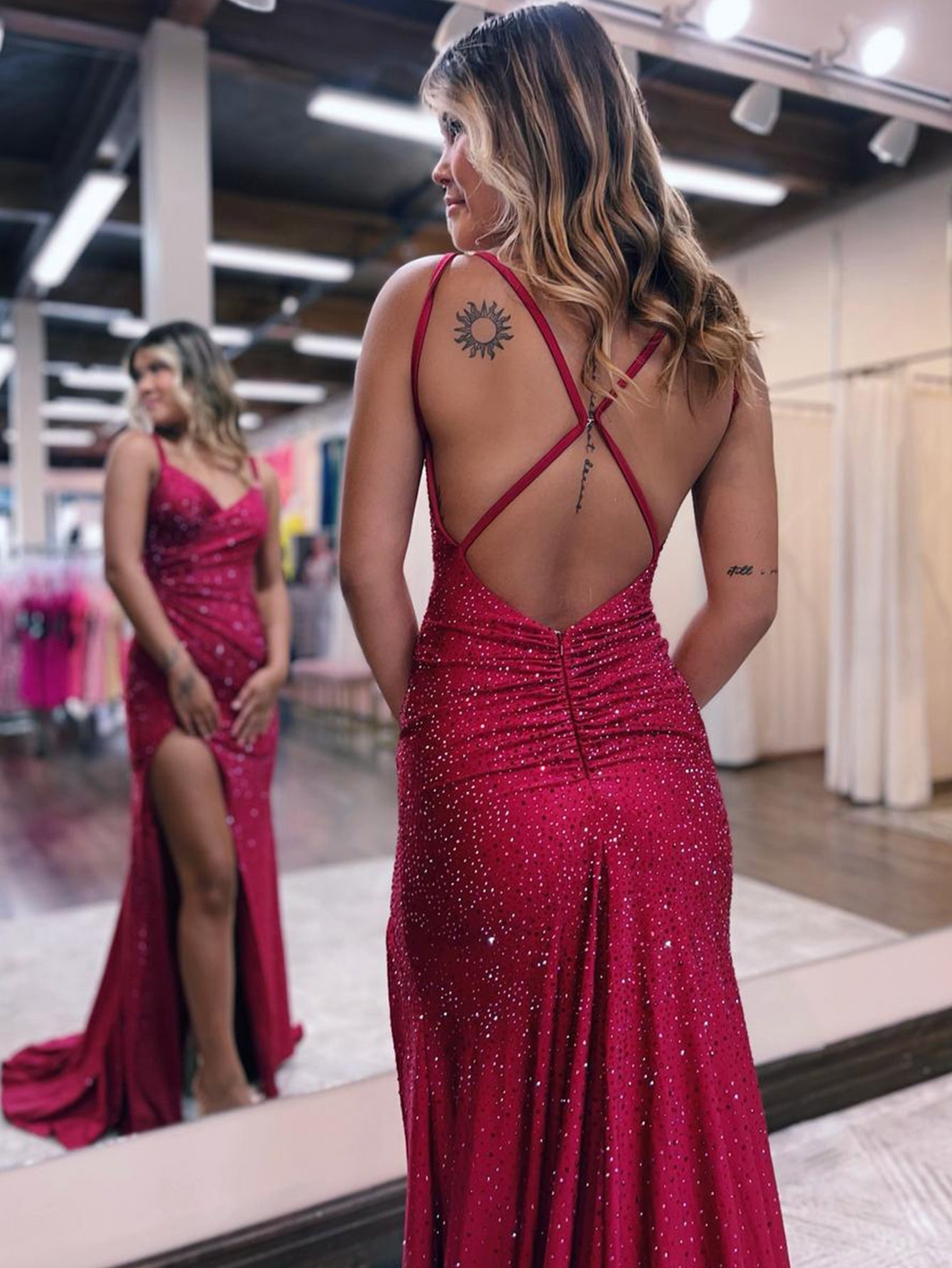Kaylani |Mermaid V Neck Glitter Jersey Long Prom Dress with Slit