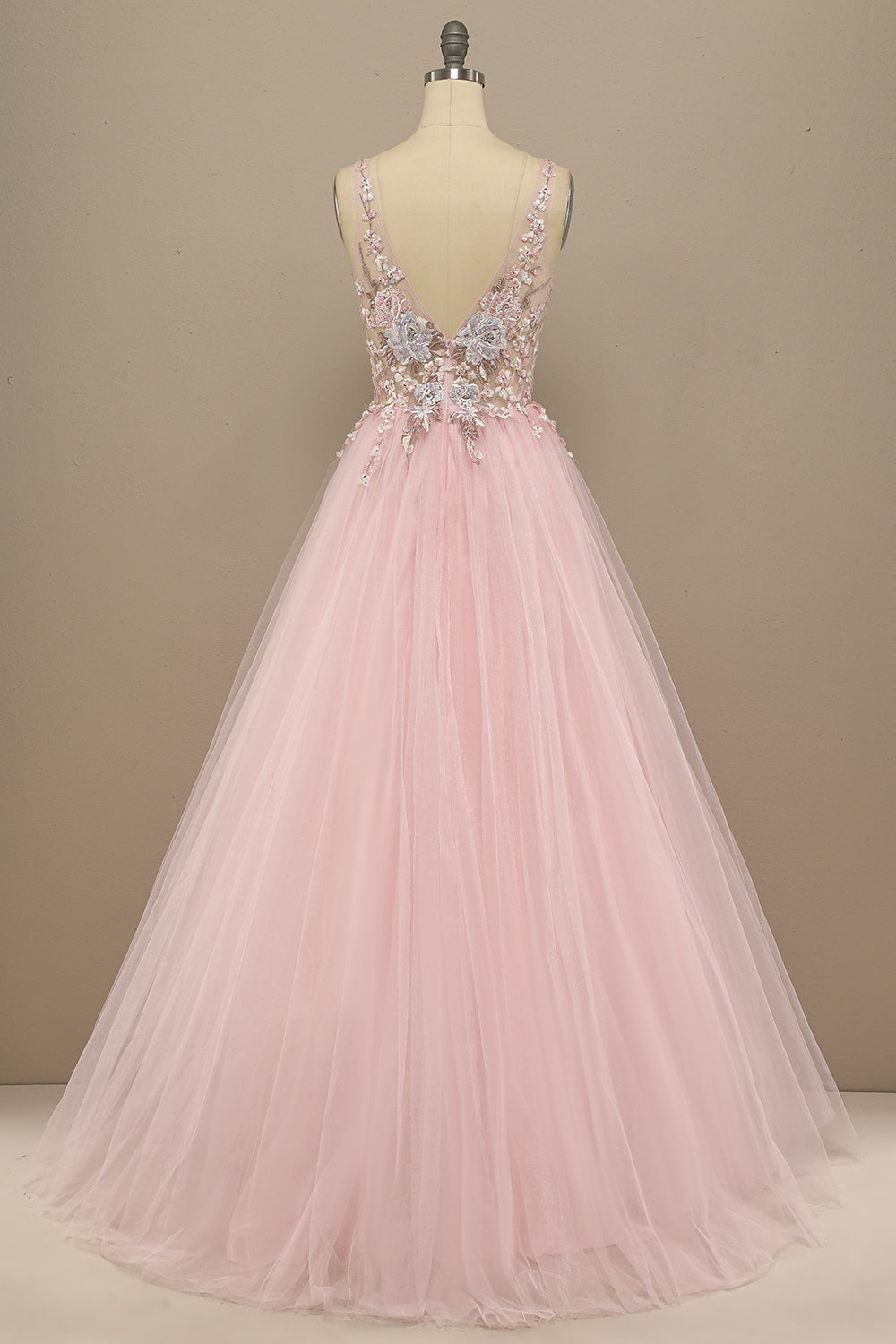 Gorgeous Deep V Neck Grey/Pink Prom Dress with Appliques