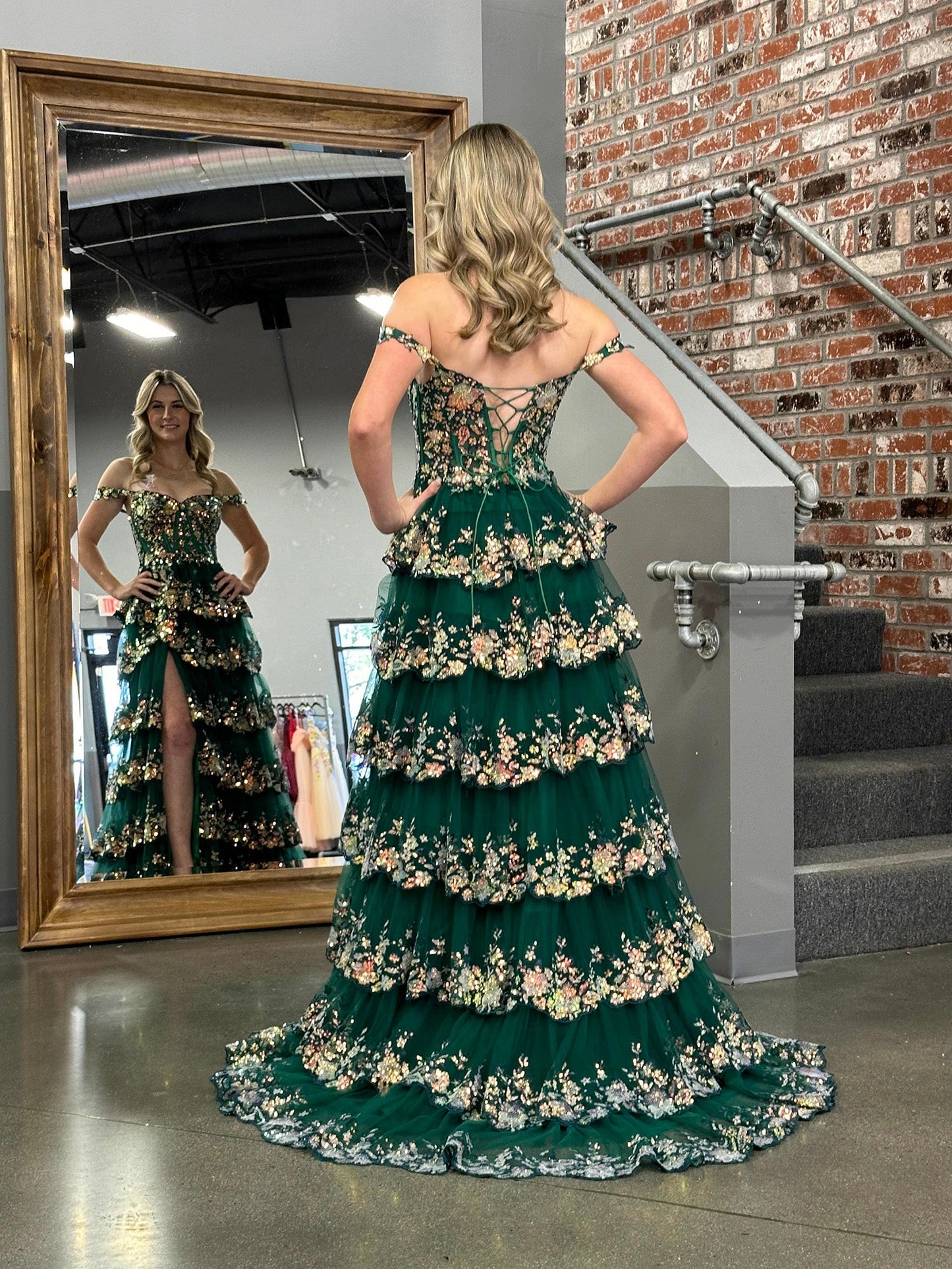 Capri | A-Line Lace Off-the-Shoulder Tiered Long Prom Dress with Slit