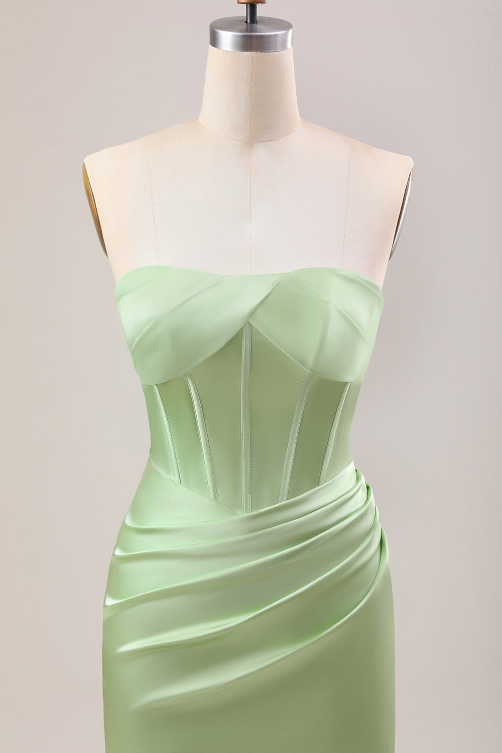 Green Sheath Corset Strapless Long Bridesmaid Dress With Slit
