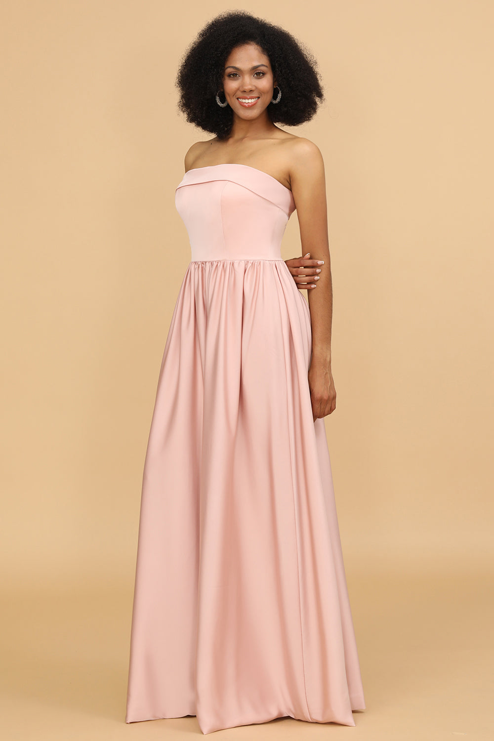 Off-the-Shoulder Floor-Length Satin Bridesmaid Dress With Pocket