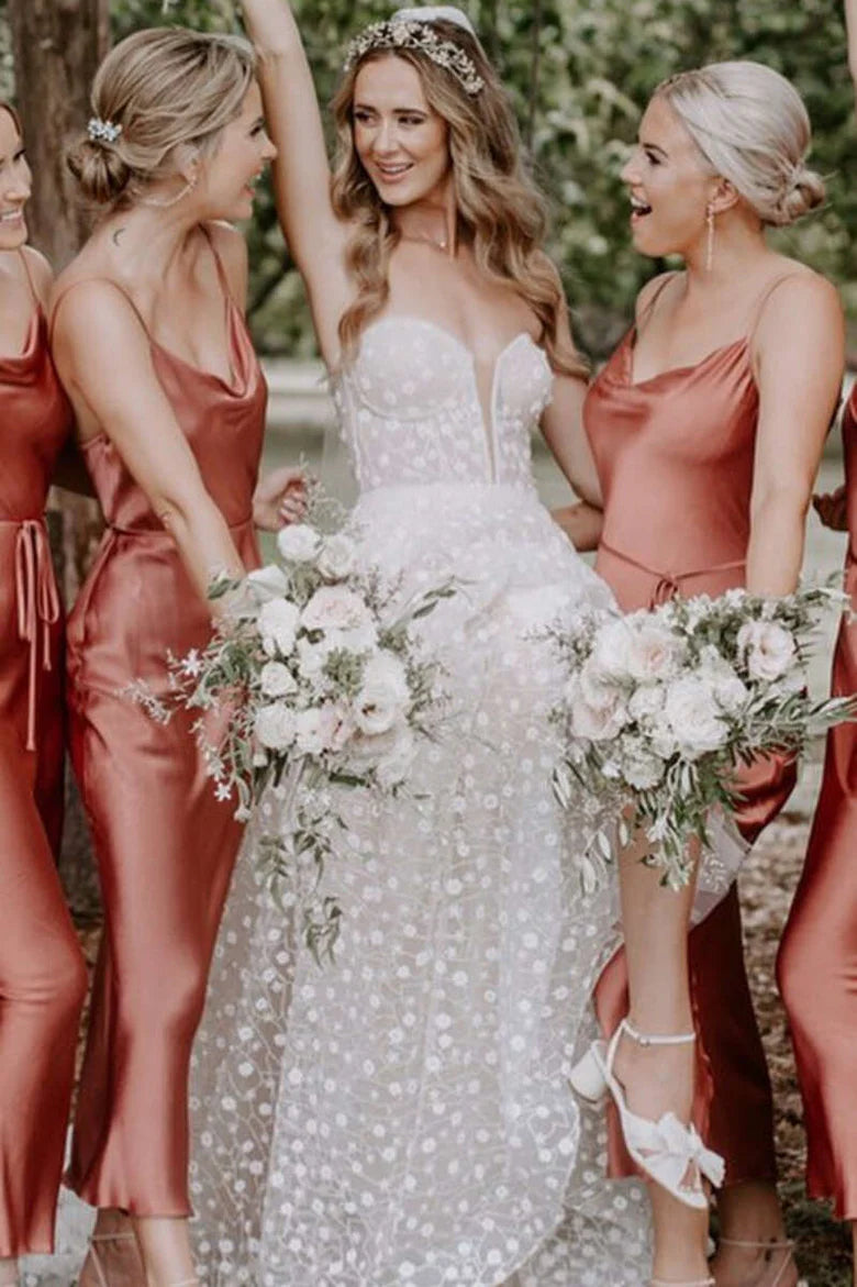 Bohemian Sheath Straps Rust Silk Satin Ankle Length Bridesmaid Dresses