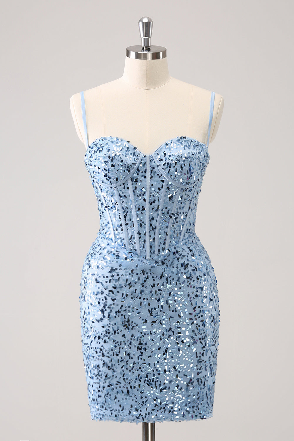 Sparkly Blue Tight Spaghetti Straps Corset Short Homecoming Dress with Sequins