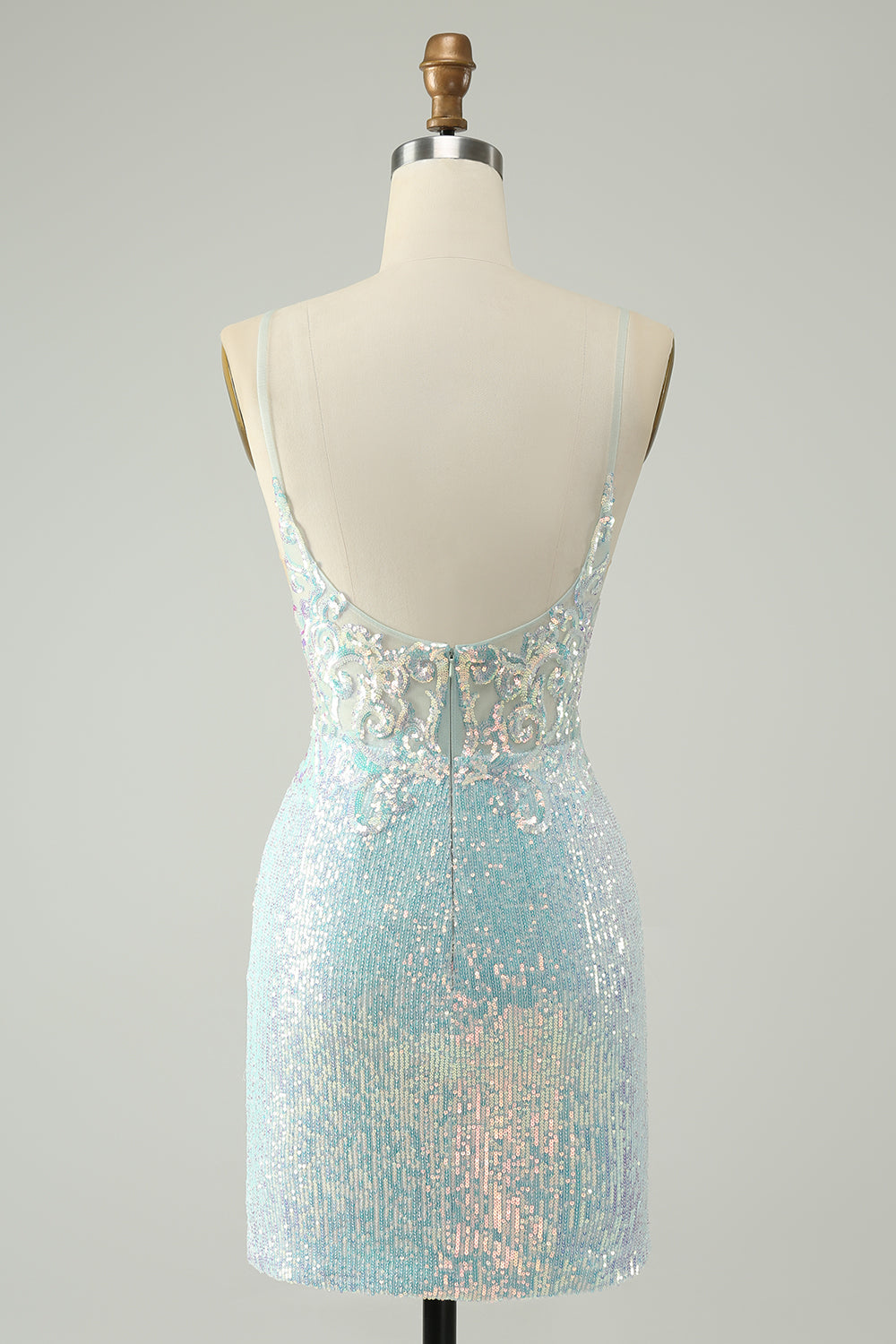 Sparkly Light Blue Spaghetti Straps Tight Short Homecoming Dress with Slit