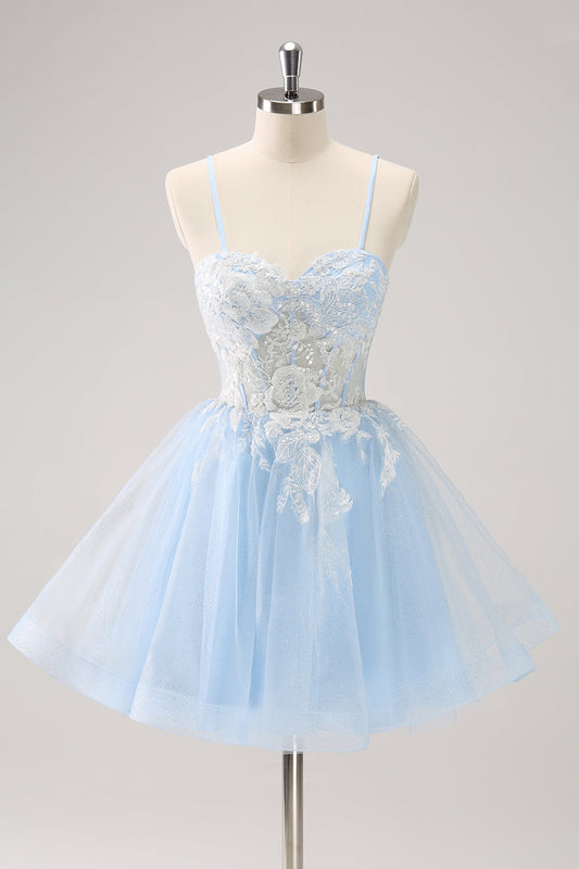 Blue A Line Spaghetti Straps Short Homecoming Dress with Appliques
