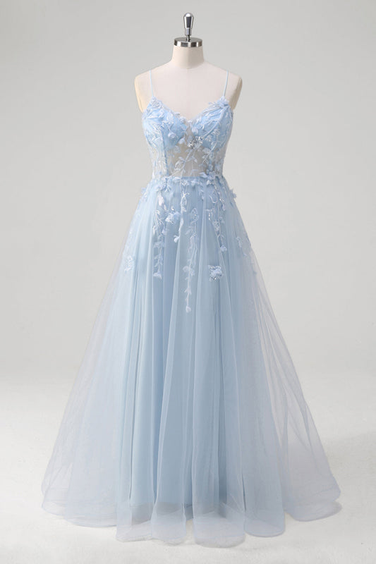 A-Line Blue Applique Spaghetti Straps Long Prom Dress