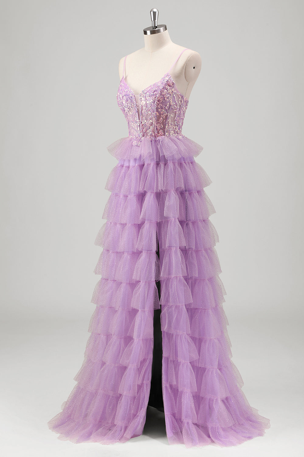 V-Neck Sparkly Lilac Tiered Spaghetti Strap Long Prom Dress with Slit