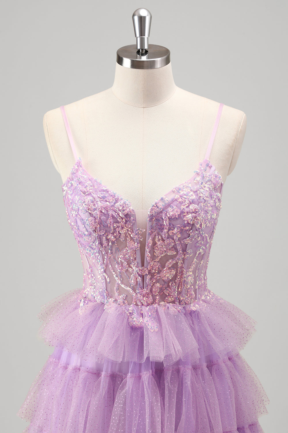 V-Neck Sparkly Lilac Tiered Spaghetti Strap Long Prom Dress with Slit