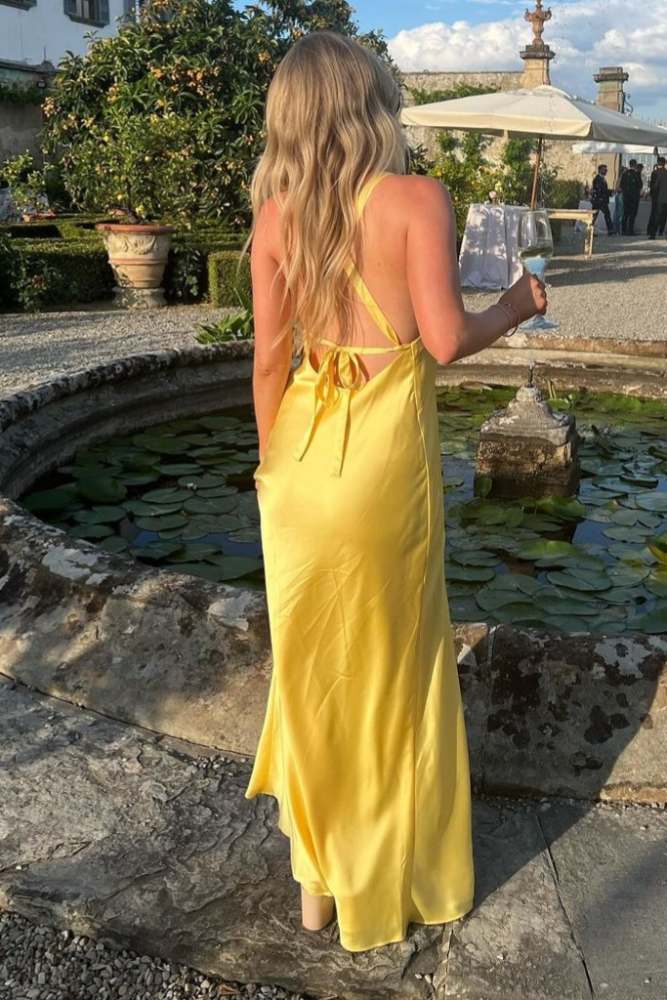 Sheath V-Neck Tie-Back Maxi Dress with Slit in Yellow