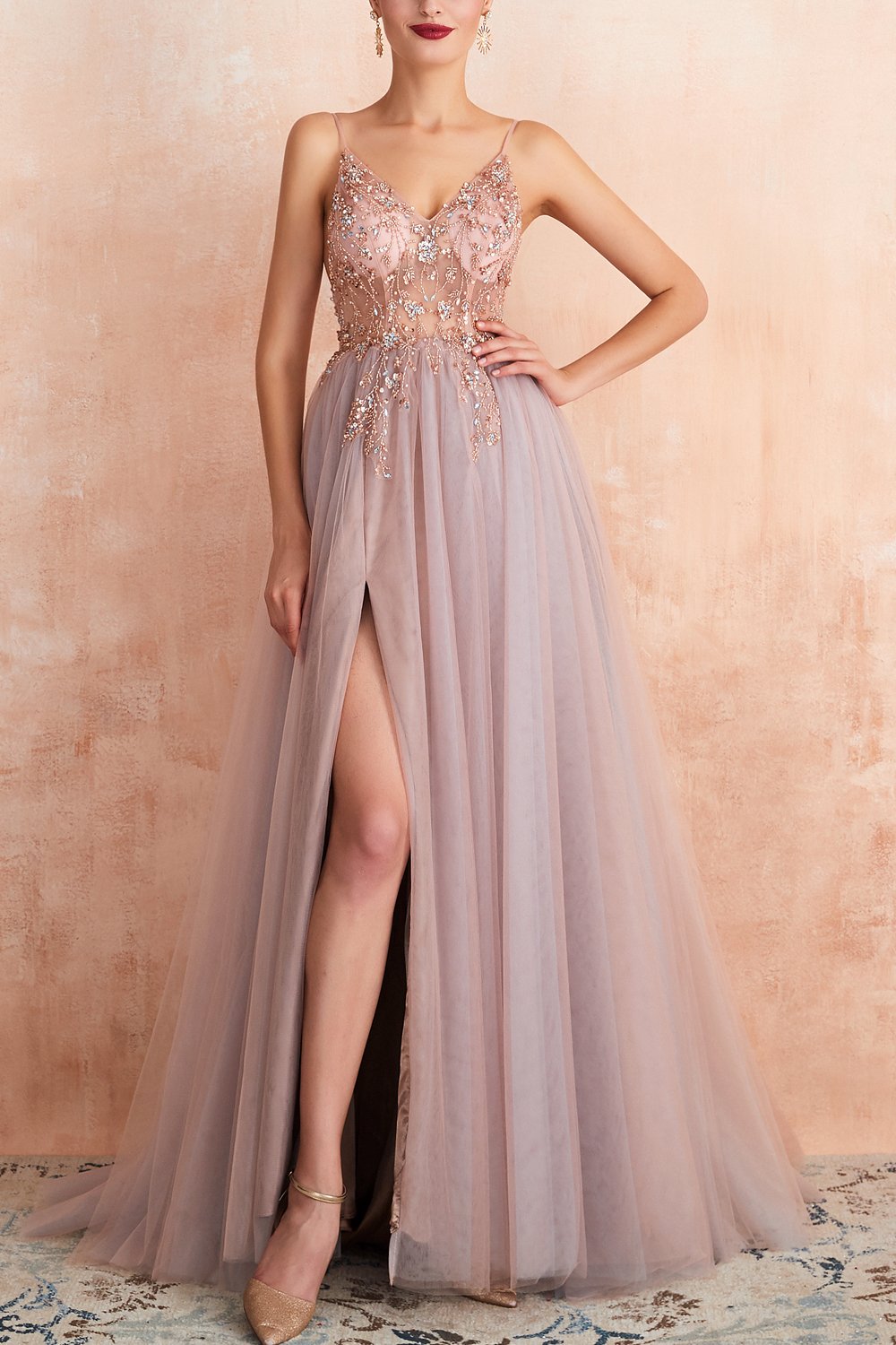 Blue A Line Spaghetti Straps Slit Tulle Prom Dress with Slit