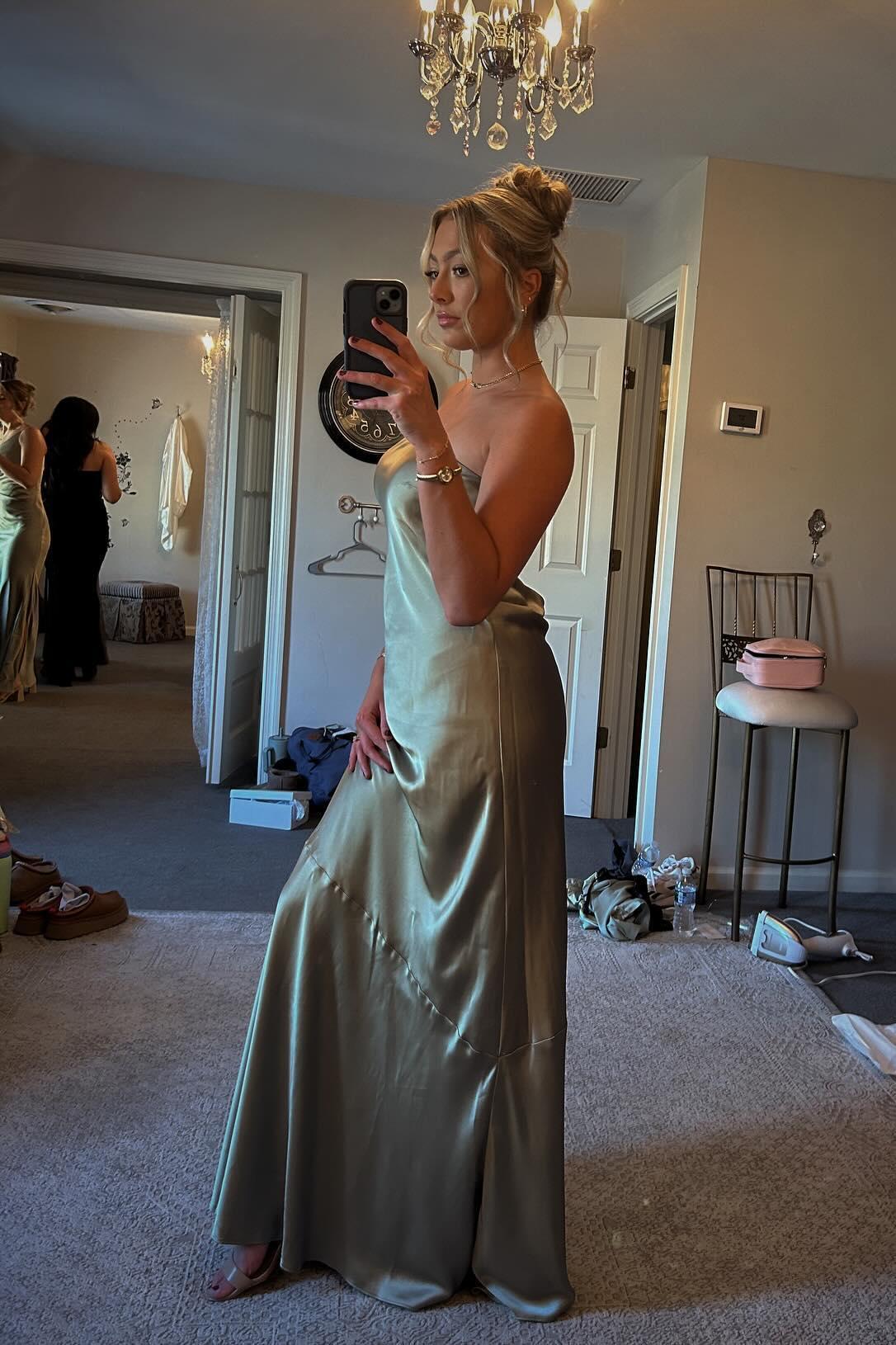 Strapless Olive Green Satin Sheath Long Party Dress