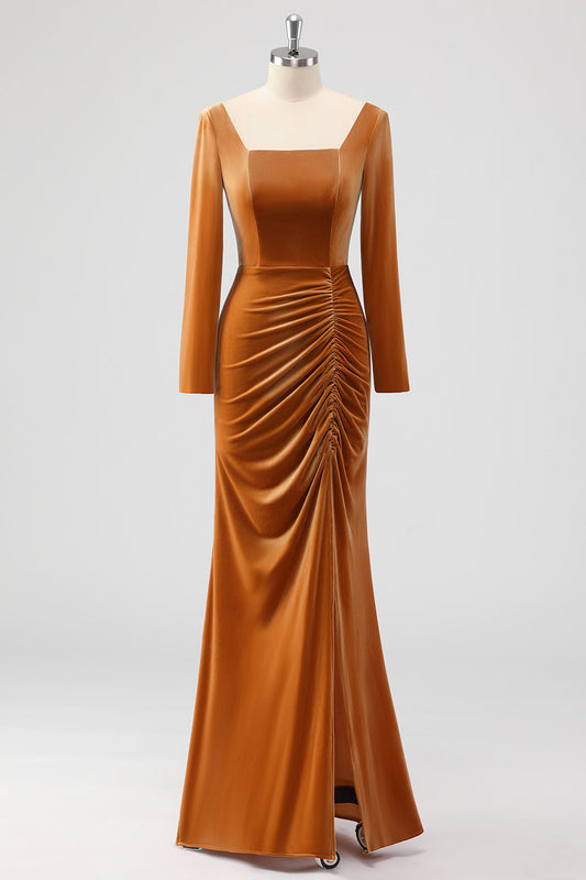 Brown Sheath Square Neck Velvet Long Sleeves Long Bridesmaid Dress