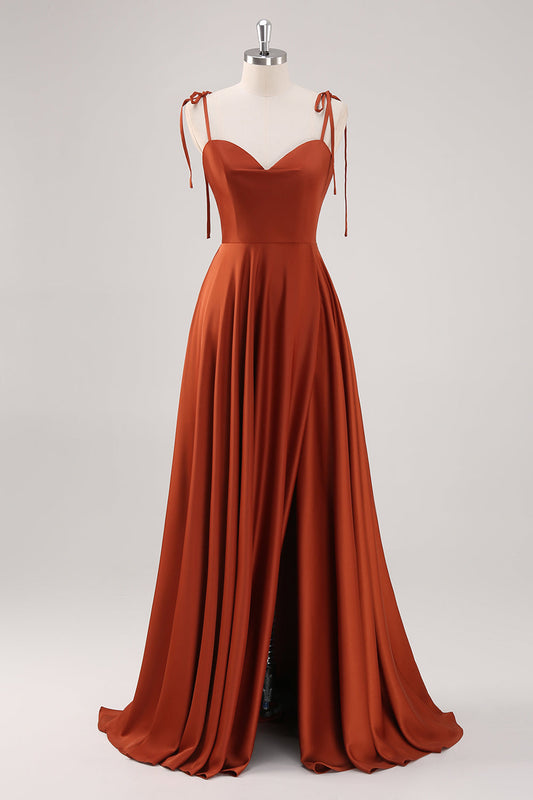 Rust Pleated A Line Spaghetti Straps Bridesmaid Dress with Slit