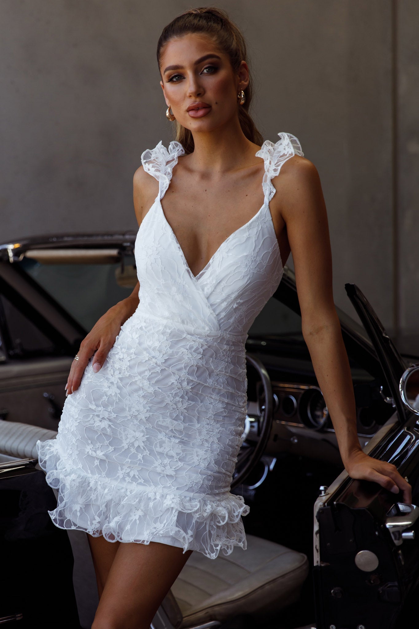 Kaley Ruched Side Layered Frill Hem Lace Mini Dress White