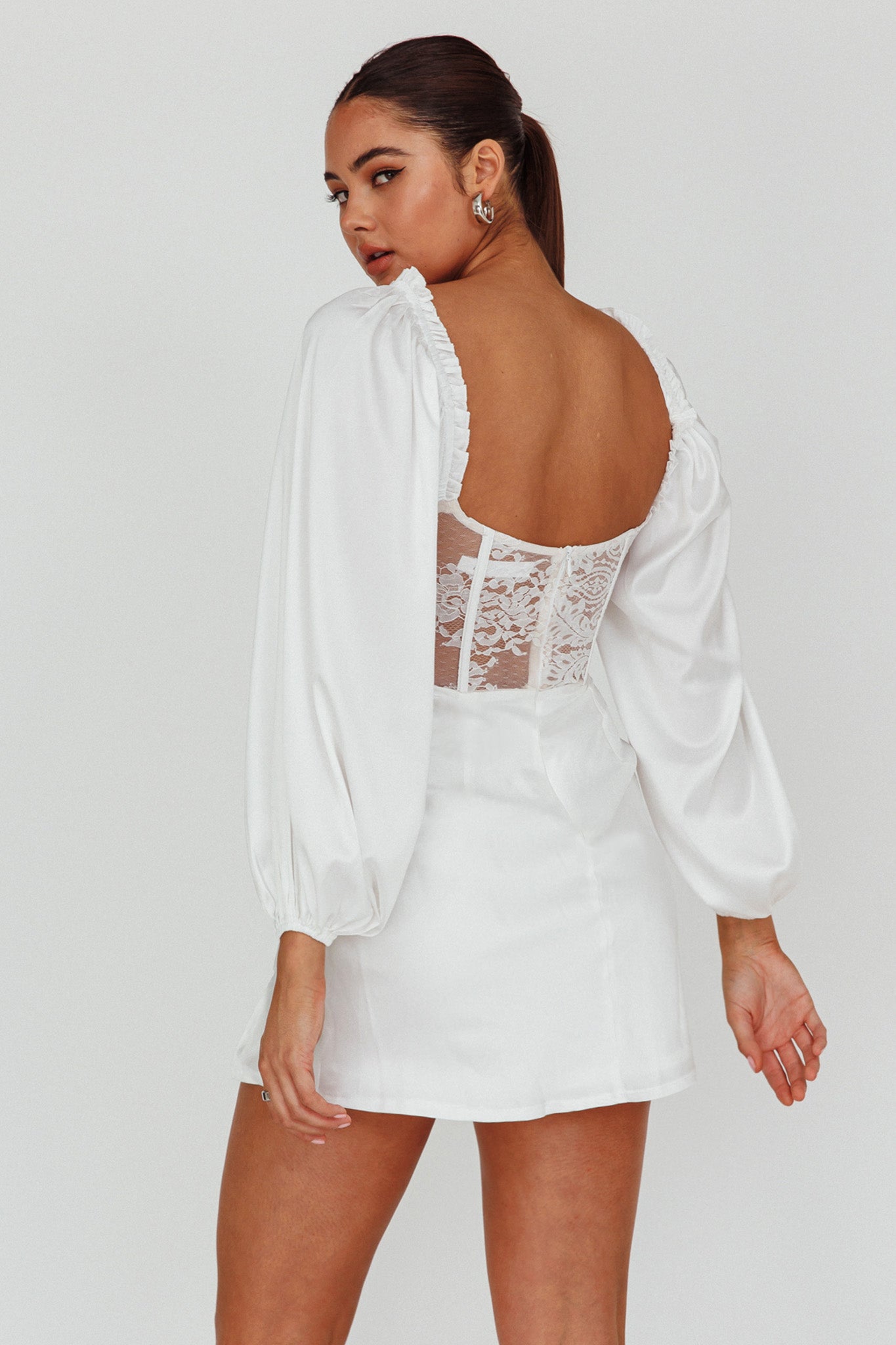 Trophy Long Sleeve Lace Bodice Mini Dress White