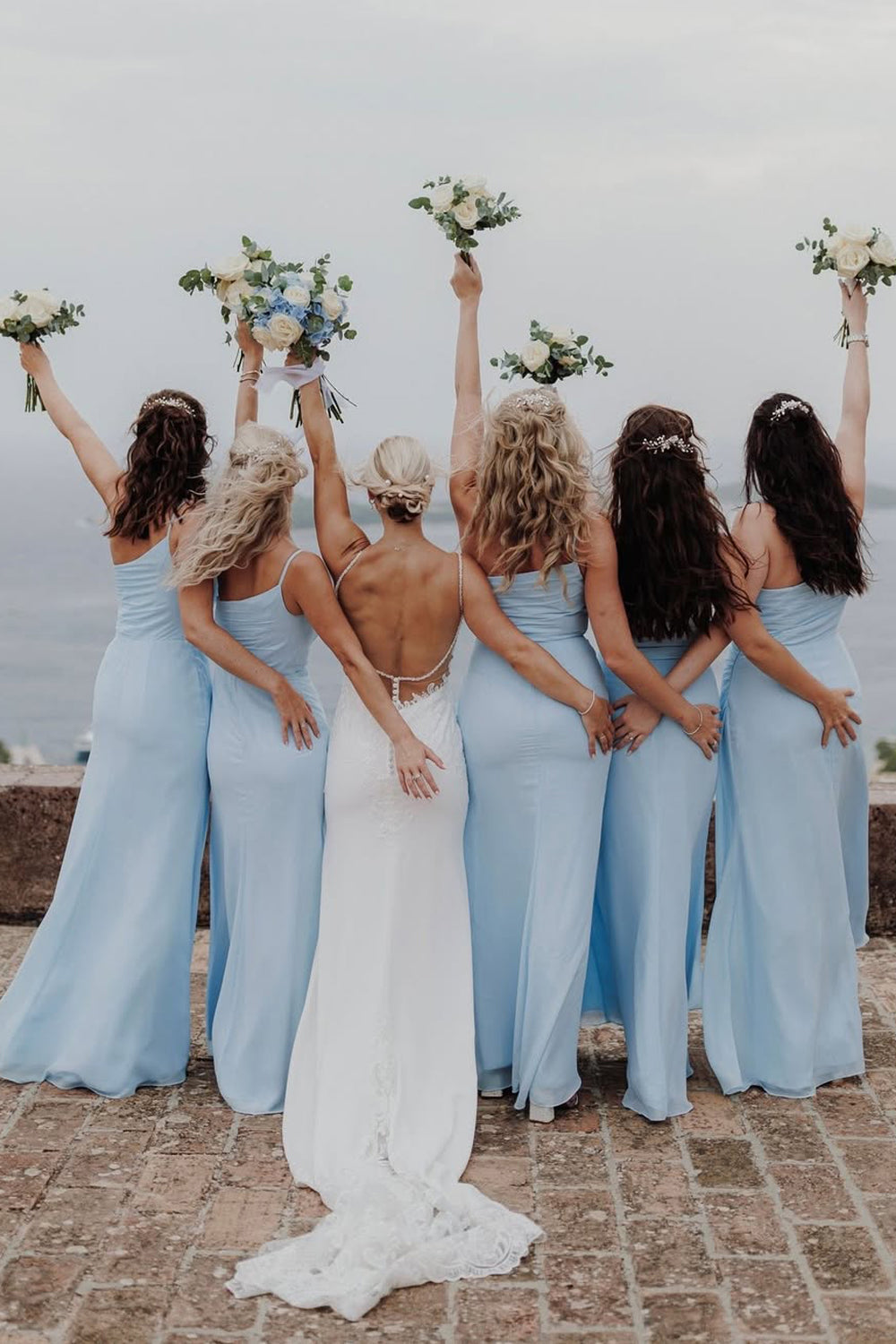 Sheath One Shoulder Light Blue Chiffon Slit Bridesmaid Dress