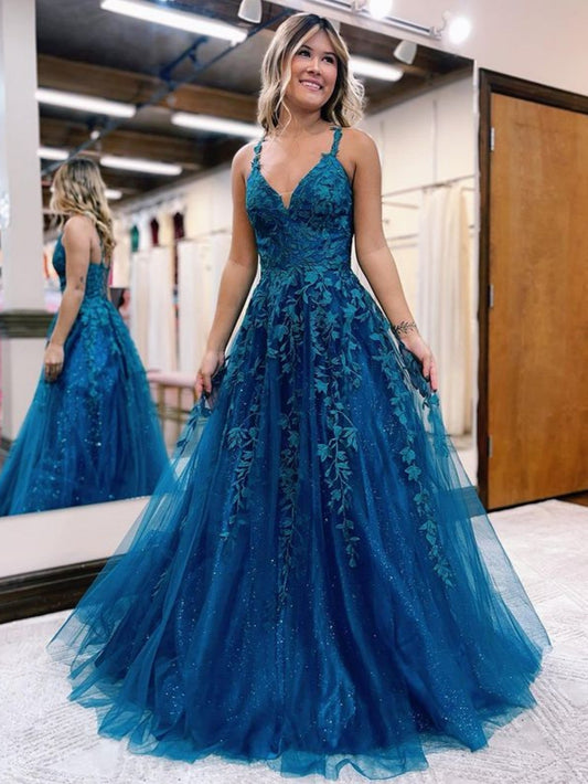 Veronica |A Line Ink Blue Glitter Tulle Lace Prom Dress