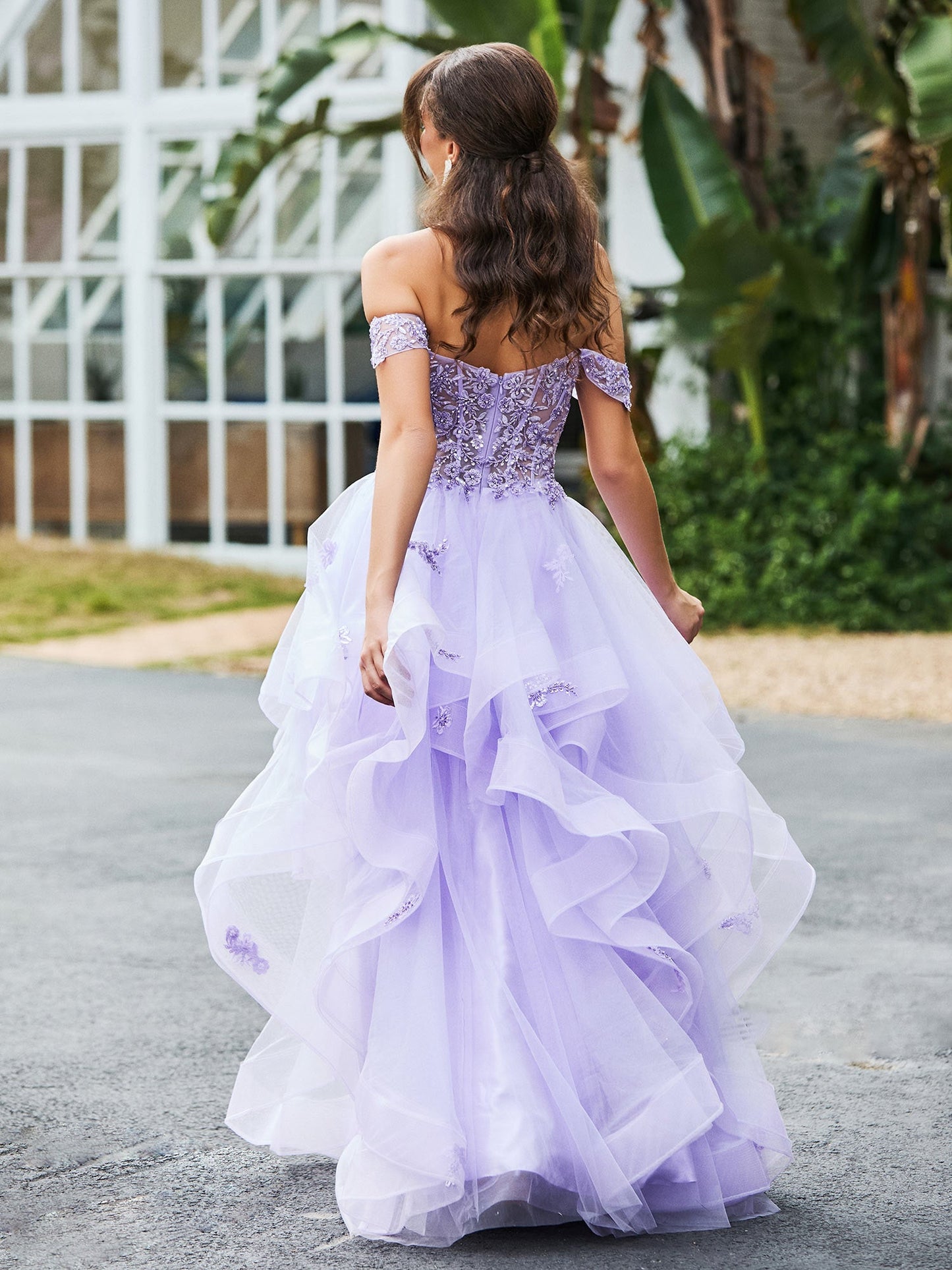 Off-the-shoulder Tulle Prom Dress with Floral Appliqued Lace Lilac