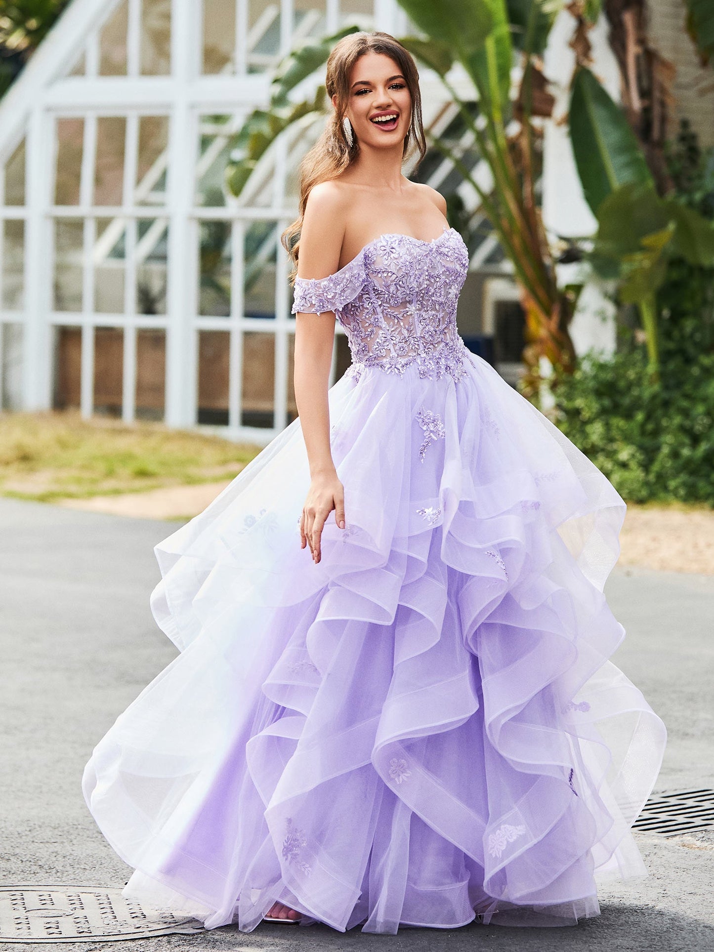 Off-the-shoulder Tulle Prom Dress with Floral Appliqued Lace Lilac