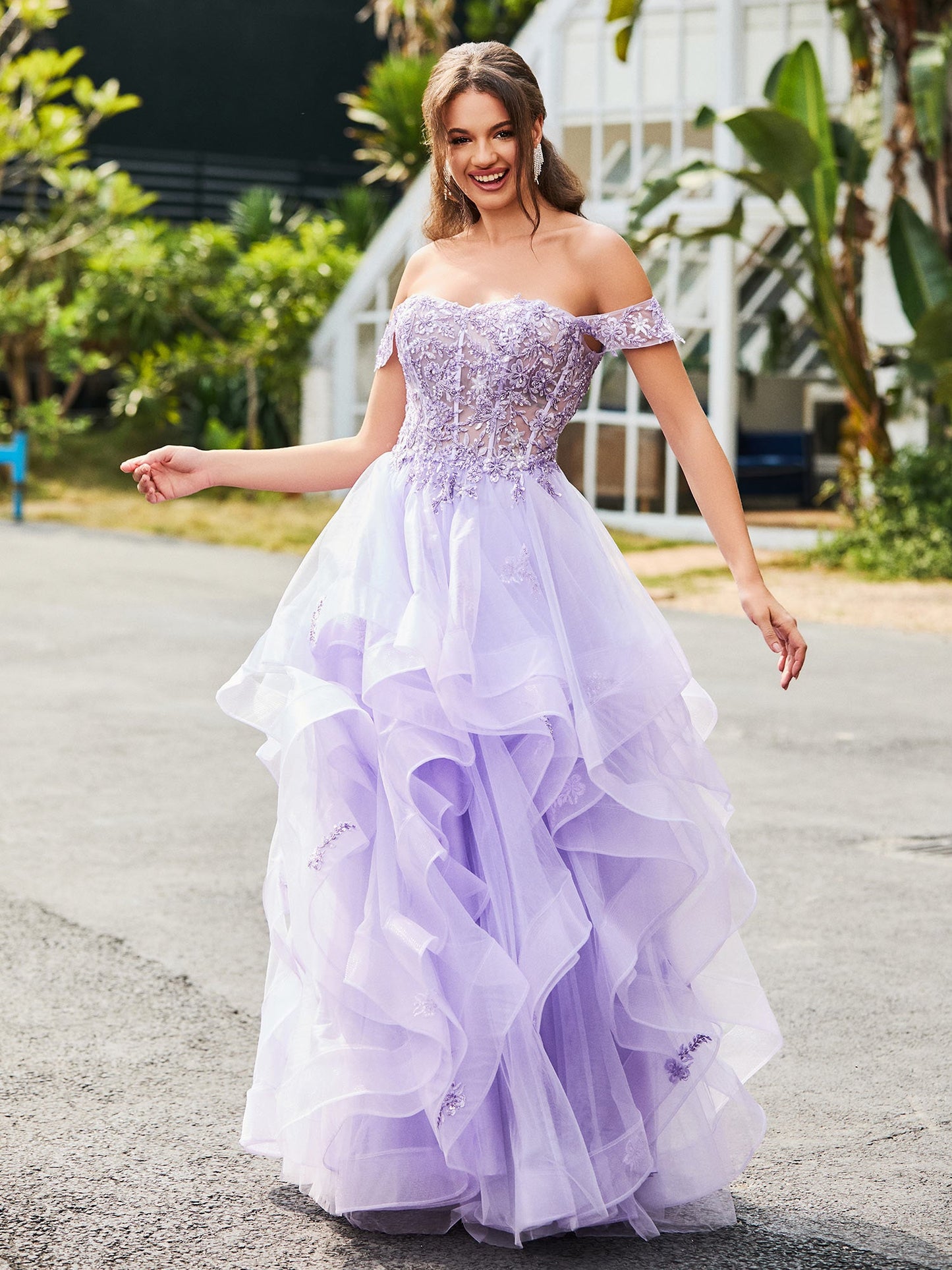 Off-the-shoulder Tulle Prom Dress with Floral Appliqued Lace Lilac