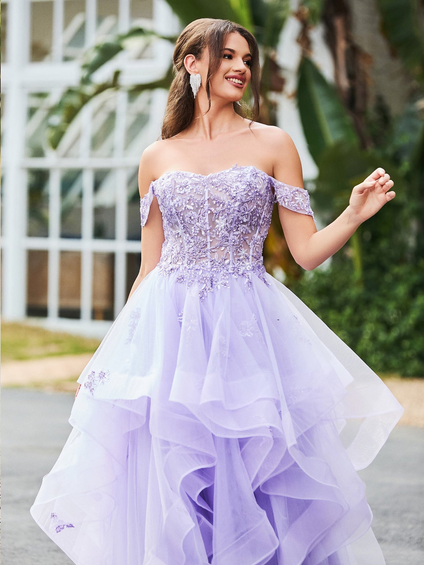 Off-the-shoulder Tulle Prom Dress with Floral Appliqued Lace Lilac