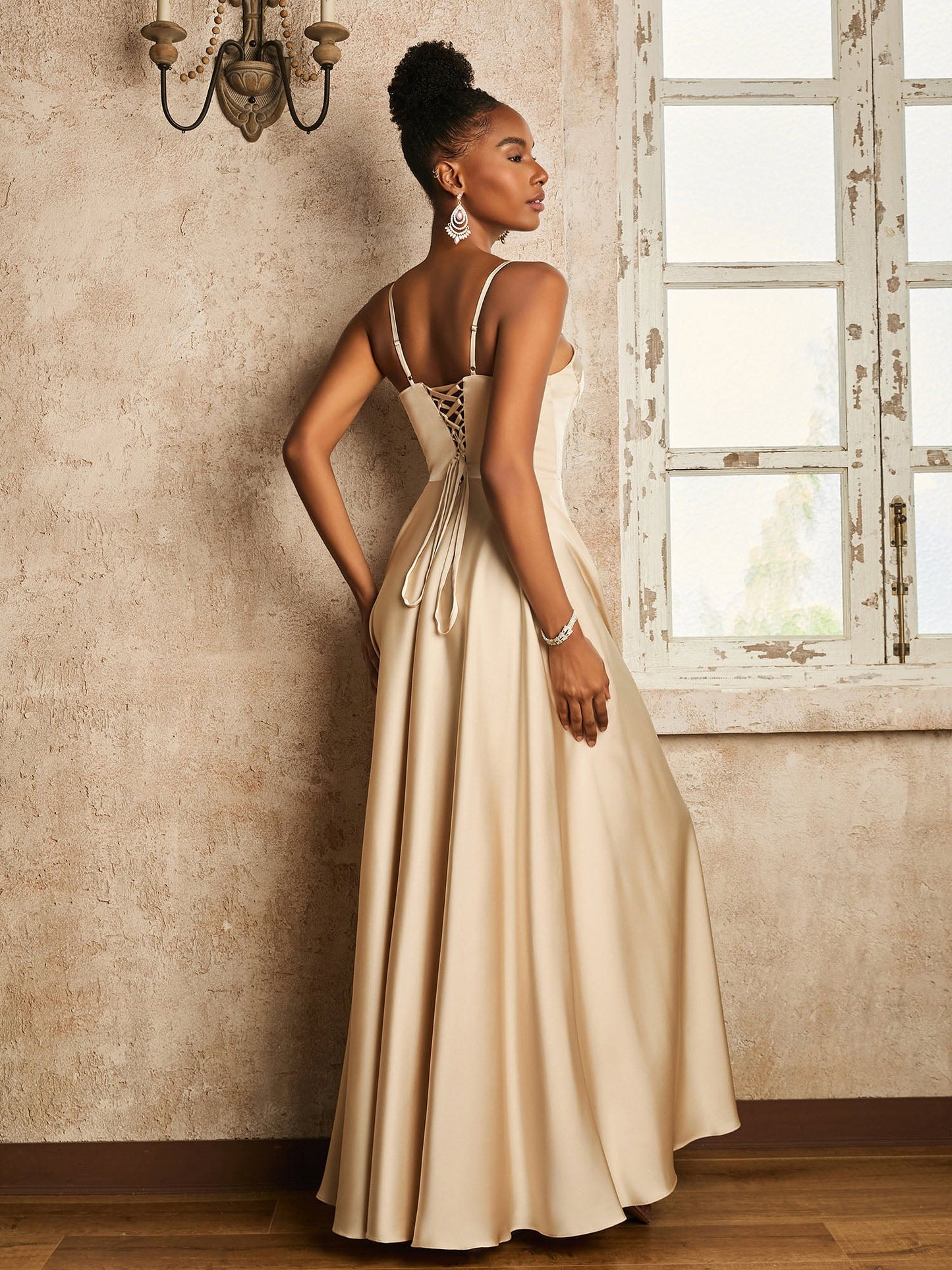 A-line Floor-length Dress with Lace-up Peach