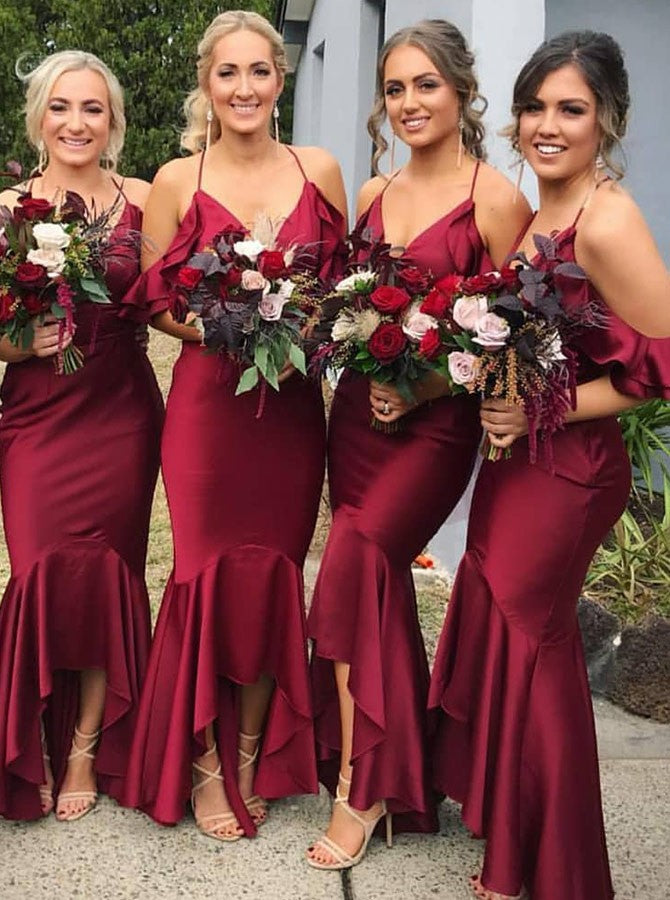 Popular Satin Spaghetti Straps Mermaid Hi-lo Bridesmaid Dresses
