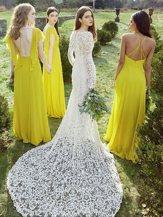 Elegant V-neck A-line Bridesmaid Dresses Chiffon Short Sleeves Gowns