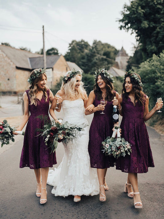 Elegant Lace V-Neckline Tea-length A-line Bridesmaid Dress