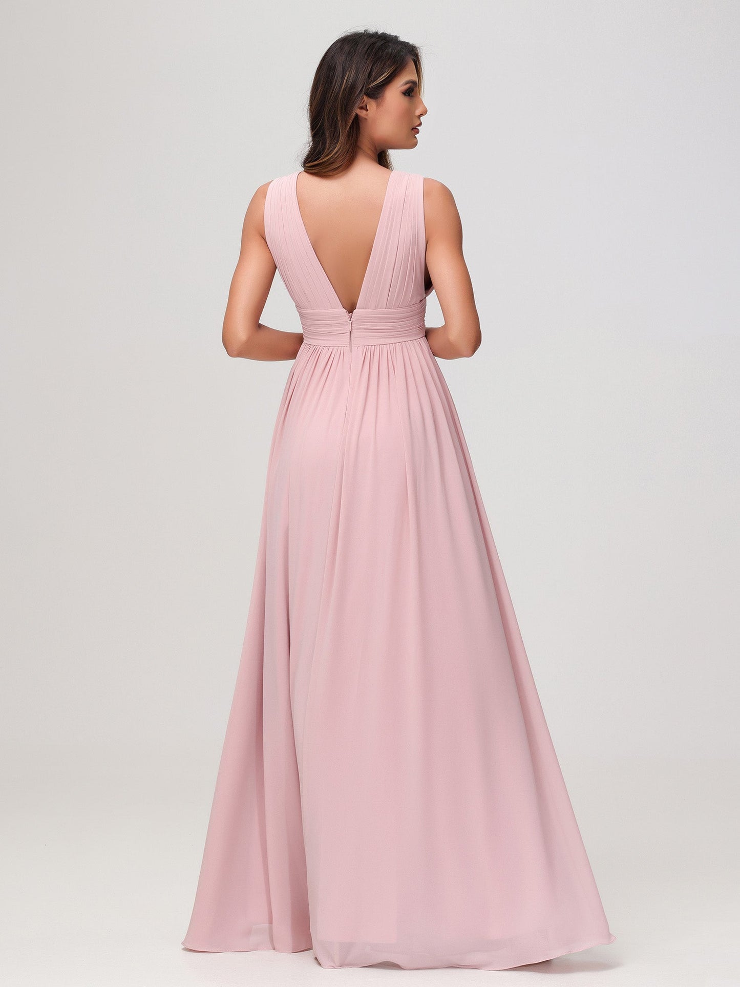 Sleeveless V-neck Chiffon A-line Dress with Slit Dusty Rose