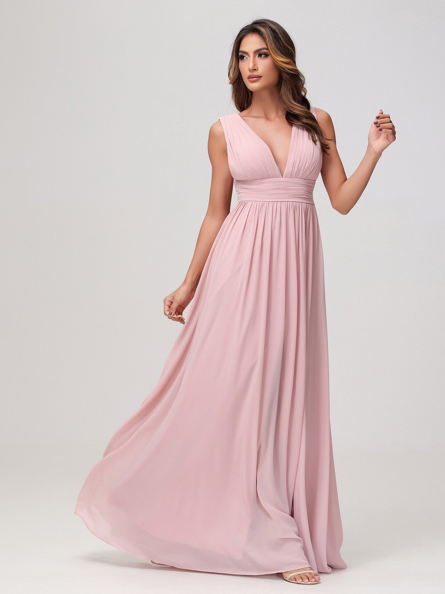 Sleeveless V-neck Chiffon A-line Dress with Slit Dusty Rose