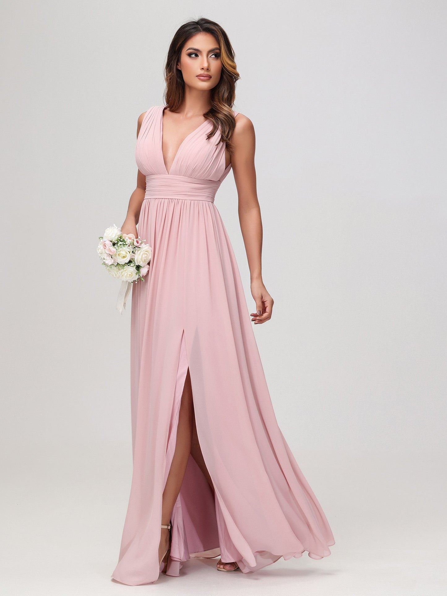Sleeveless V-neck Chiffon A-line Dress with Slit Dusty Rose