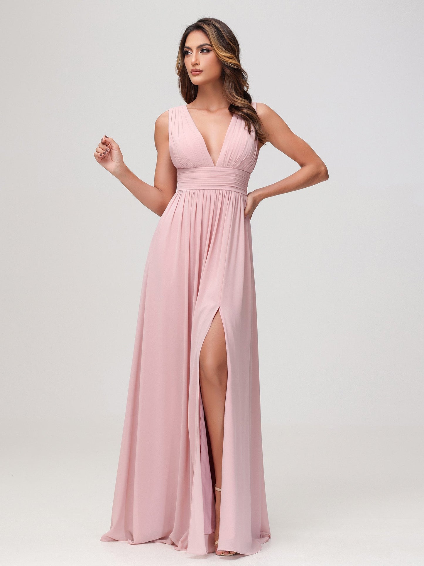Sleeveless V-neck Chiffon A-line Dress with Slit Dusty Rose