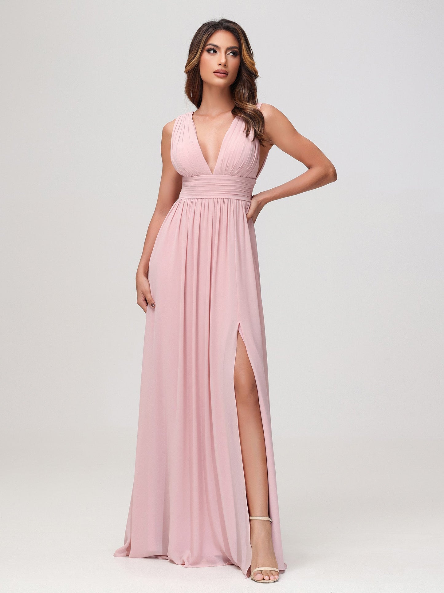 Sleeveless V-neck Chiffon A-line Dress with Slit Dusty Rose