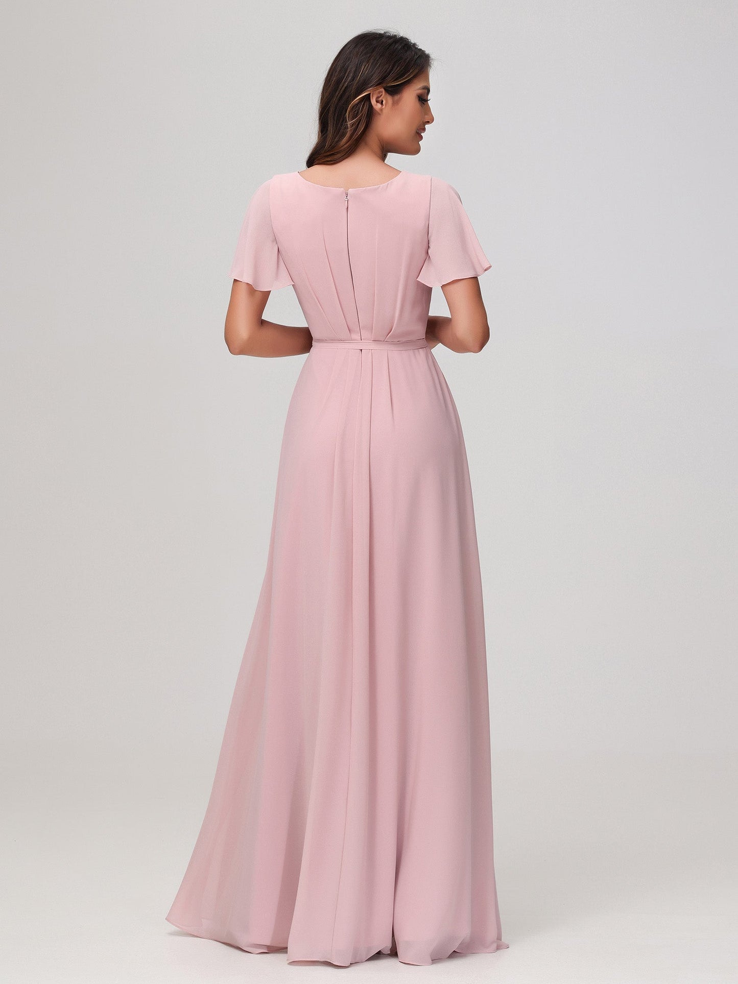 Flutter Sleeves Ruched Chiffon Dress with Sash Dusty Rose