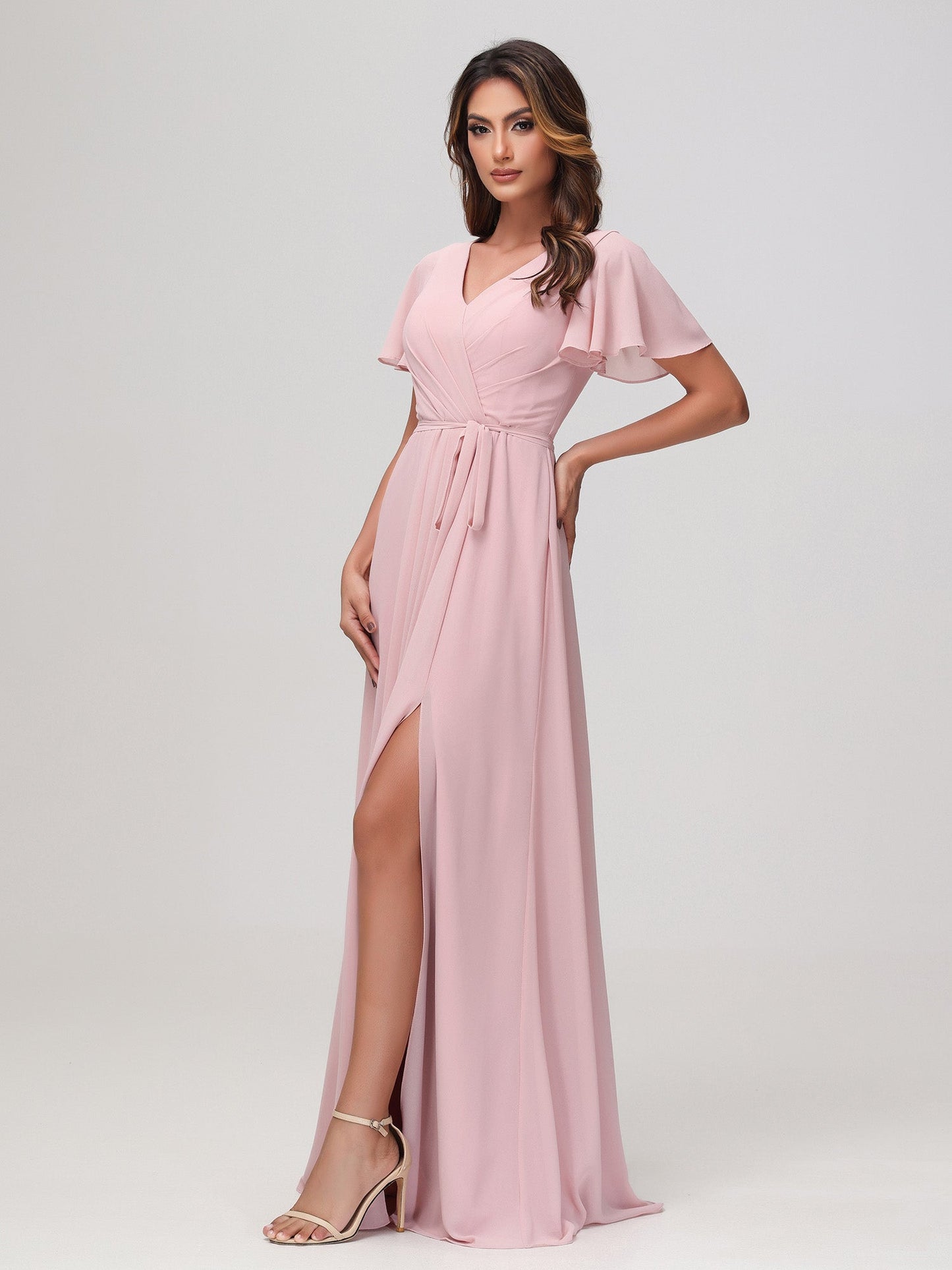 Flutter Sleeves Ruched Chiffon Dress with Sash Dusty Rose