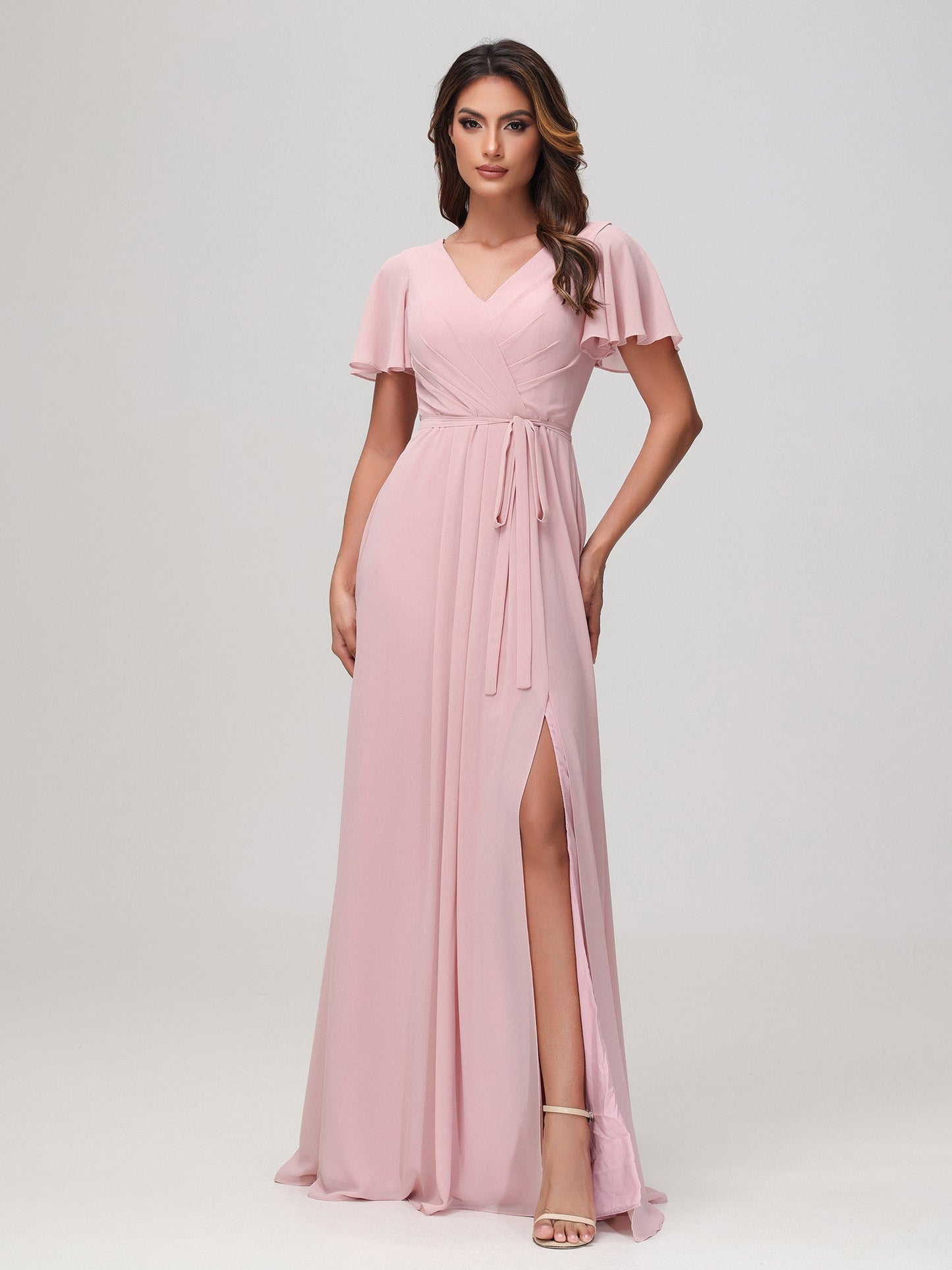 Flutter Sleeves Ruched Chiffon Dress with Sash Dusty Rose