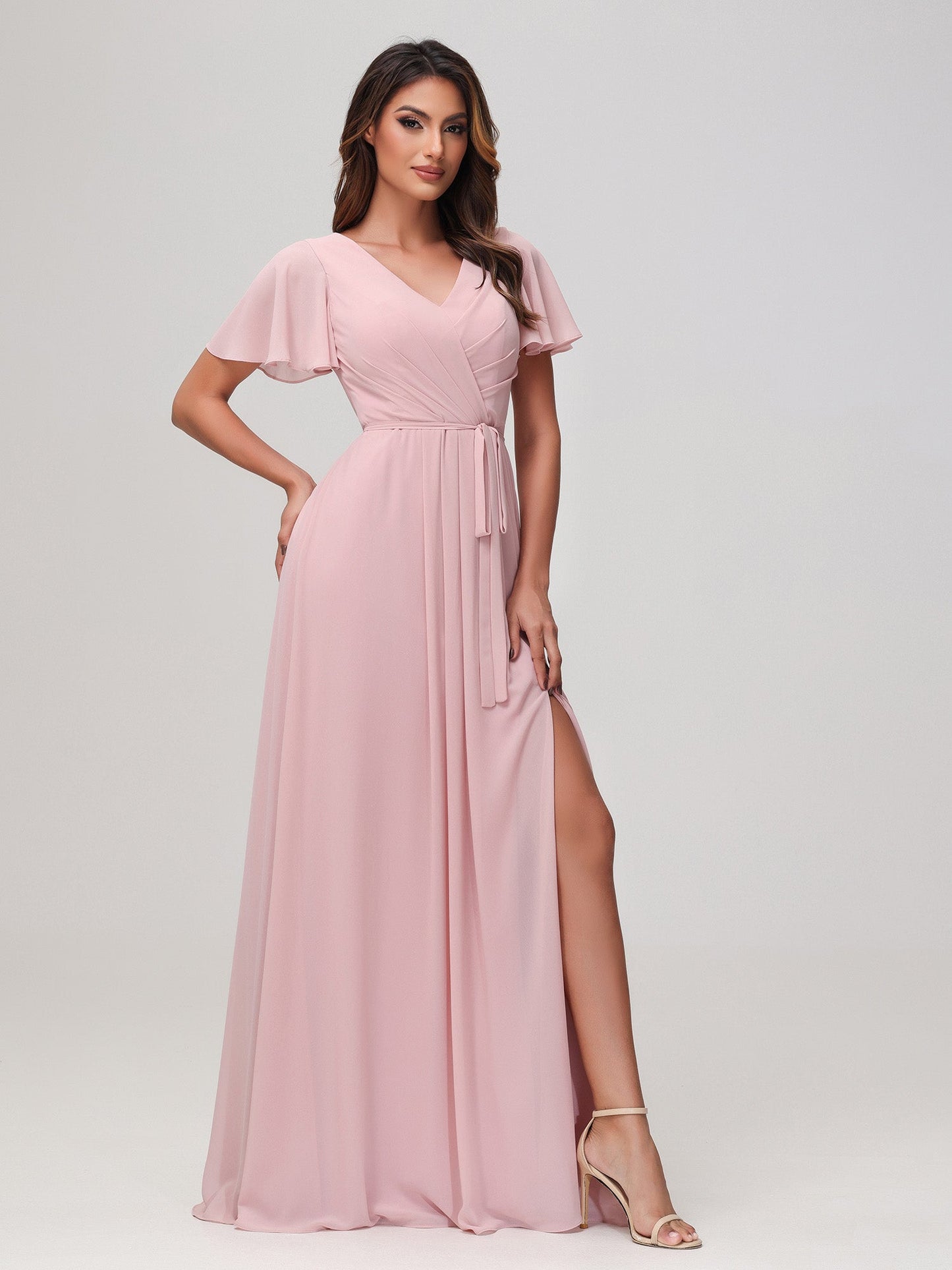 Flutter Sleeves Ruched Chiffon Dress with Sash Dusty Rose