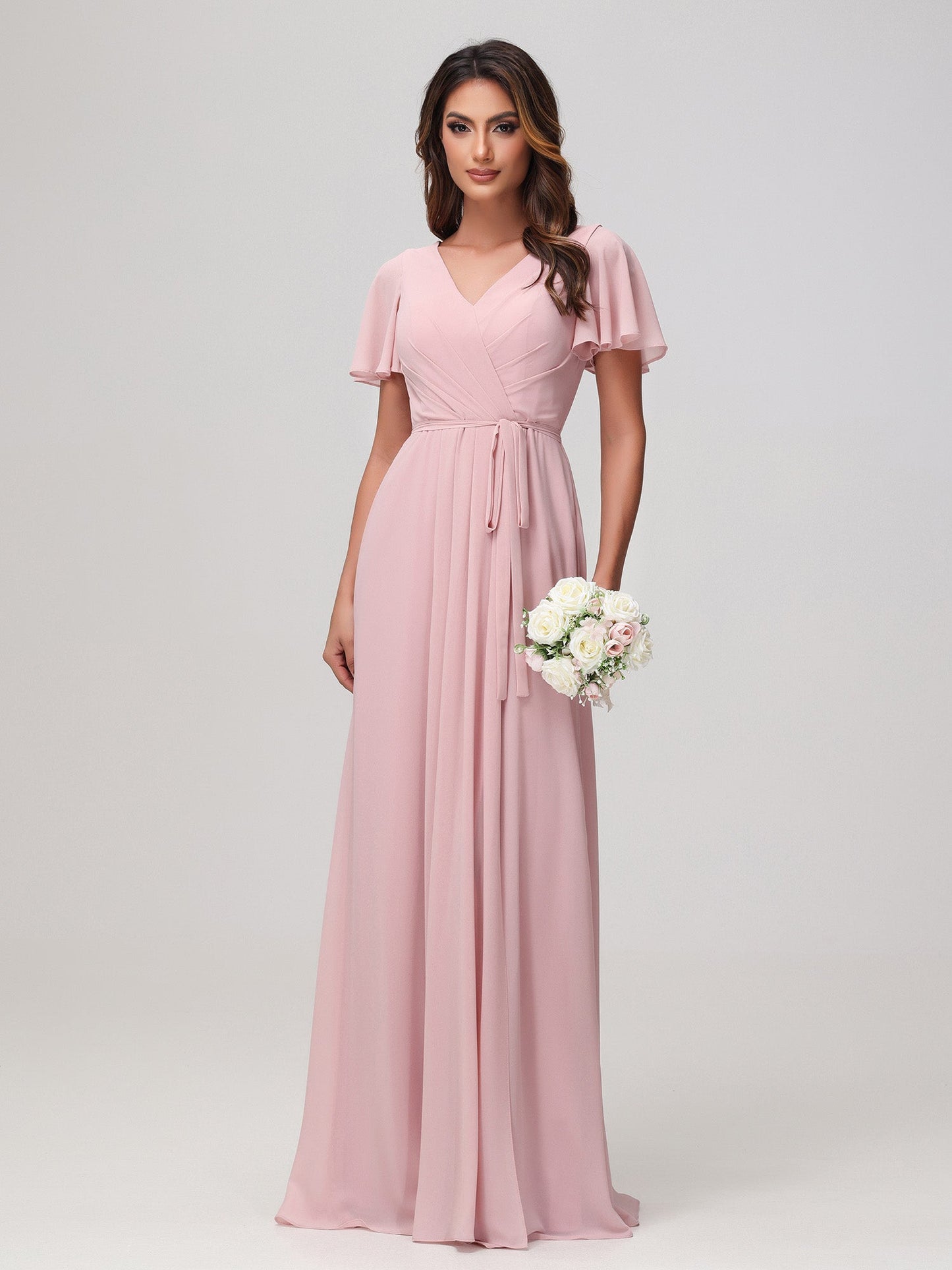 Flutter Sleeves Ruched Chiffon Dress with Sash Dusty Rose