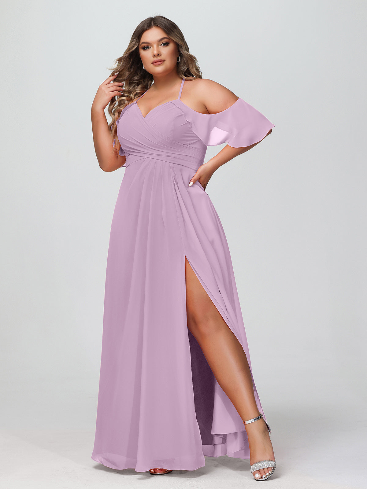 Spaghetti Strap Empire Ruffle Trimmed Sleeves Dress Wisteria