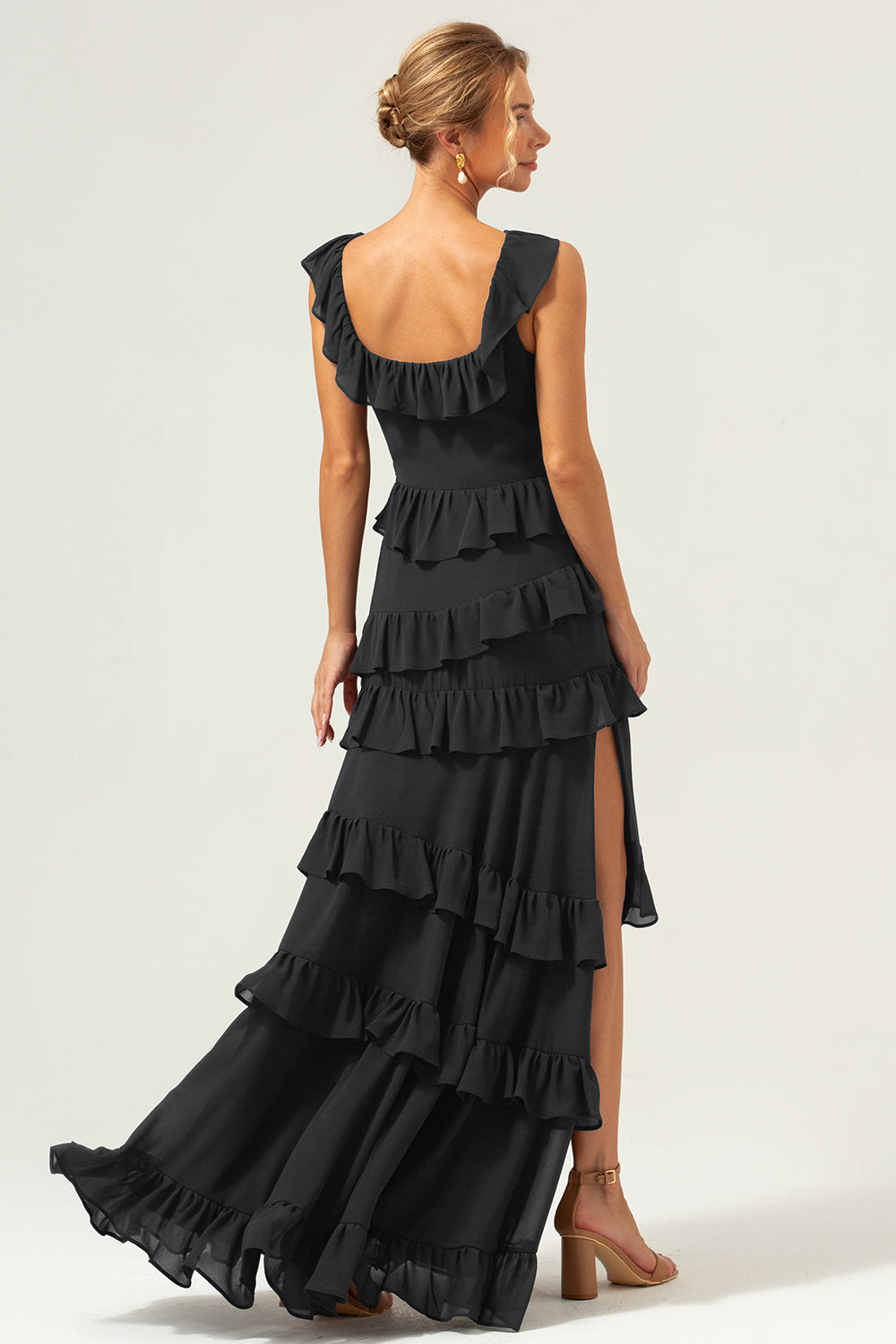 Burgundy A-Line Ruffleed Chiffon Long Bridesmaid Dress with Slit