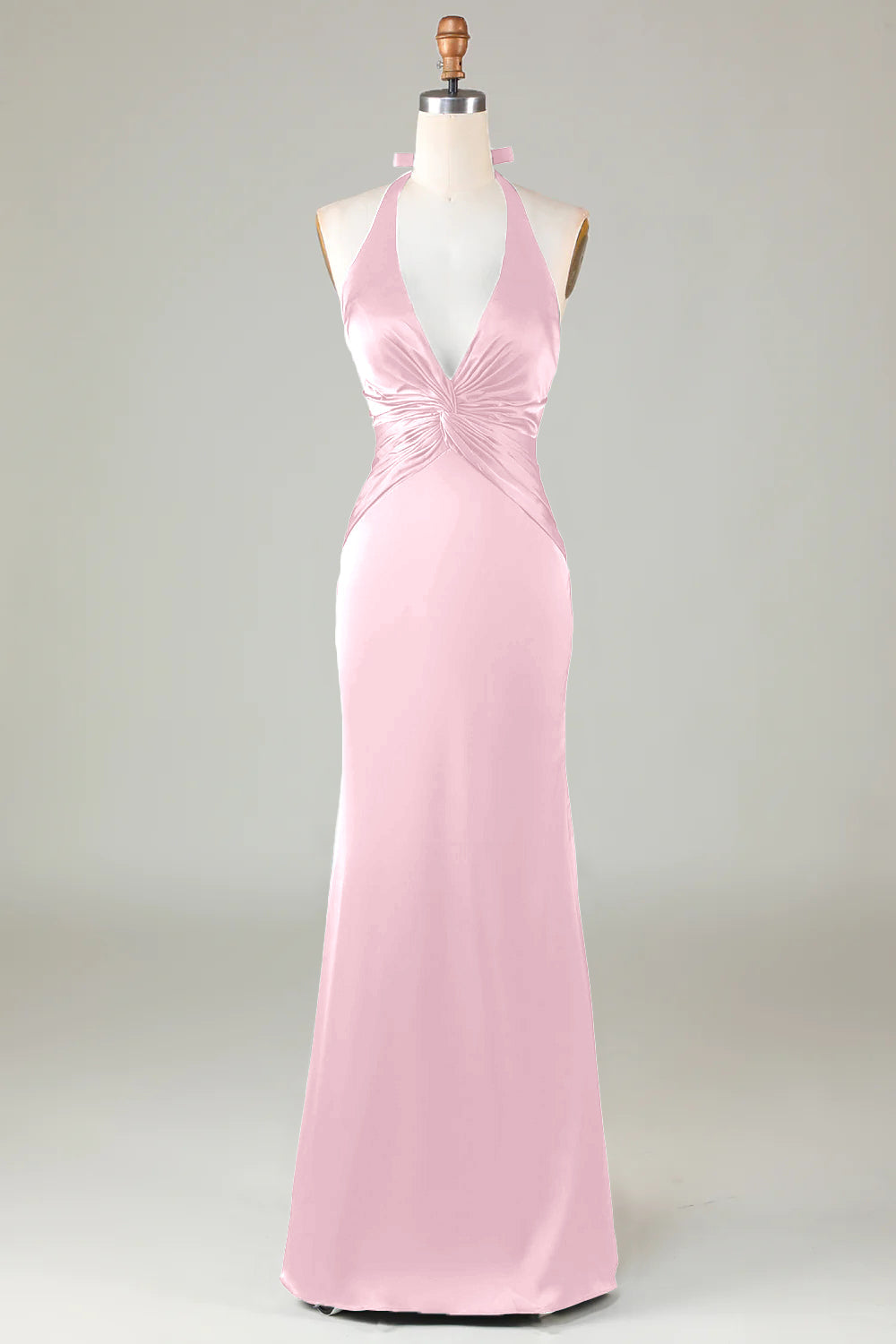 Dusty Sage Satin Sheath Halter Long Bridesmaid Dress