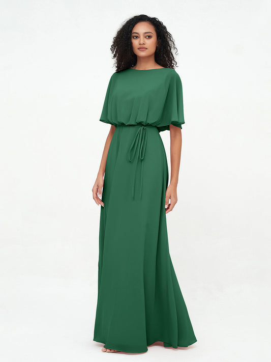 Chiffon Full Length Bridesmaid Dresses with Wrap Dark Green