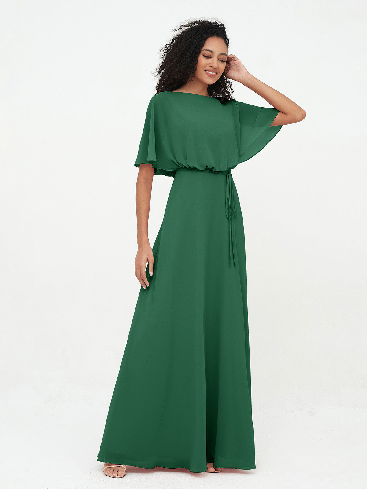 Chiffon Full Length Bridesmaid Dresses with Wrap Dark Green
