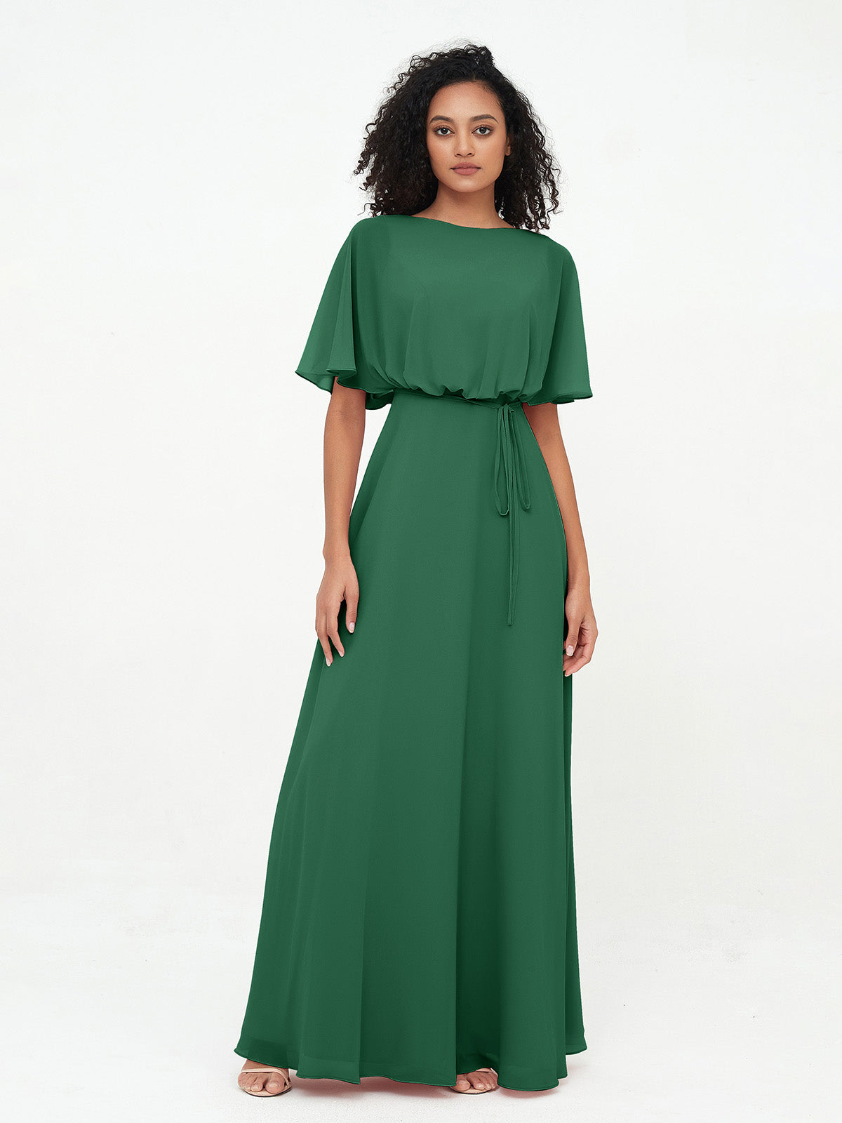 Chiffon Full Length Bridesmaid Dresses with Wrap Dark Green