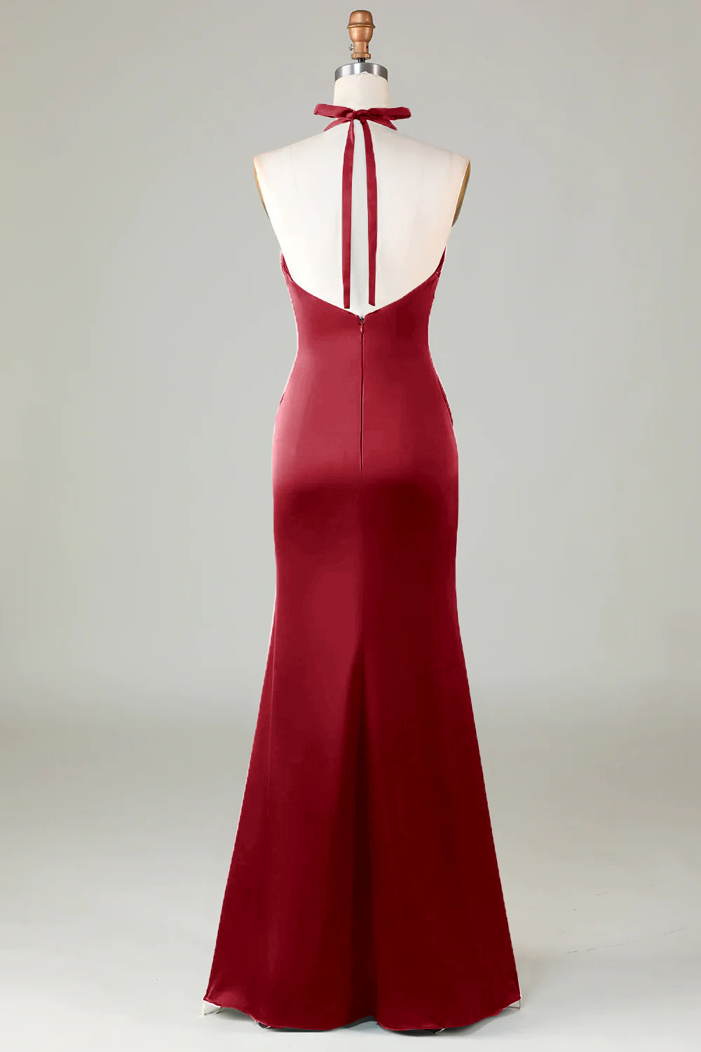 Dusty Sage Satin Sheath Halter Long Bridesmaid Dress