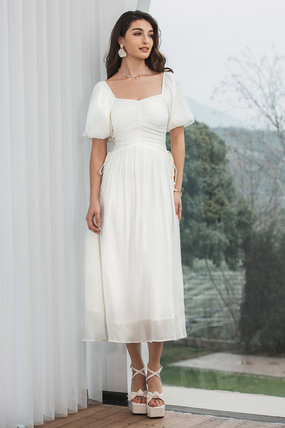 Elegant A Line Pleated White Graduation Dress with Puff Sleeves