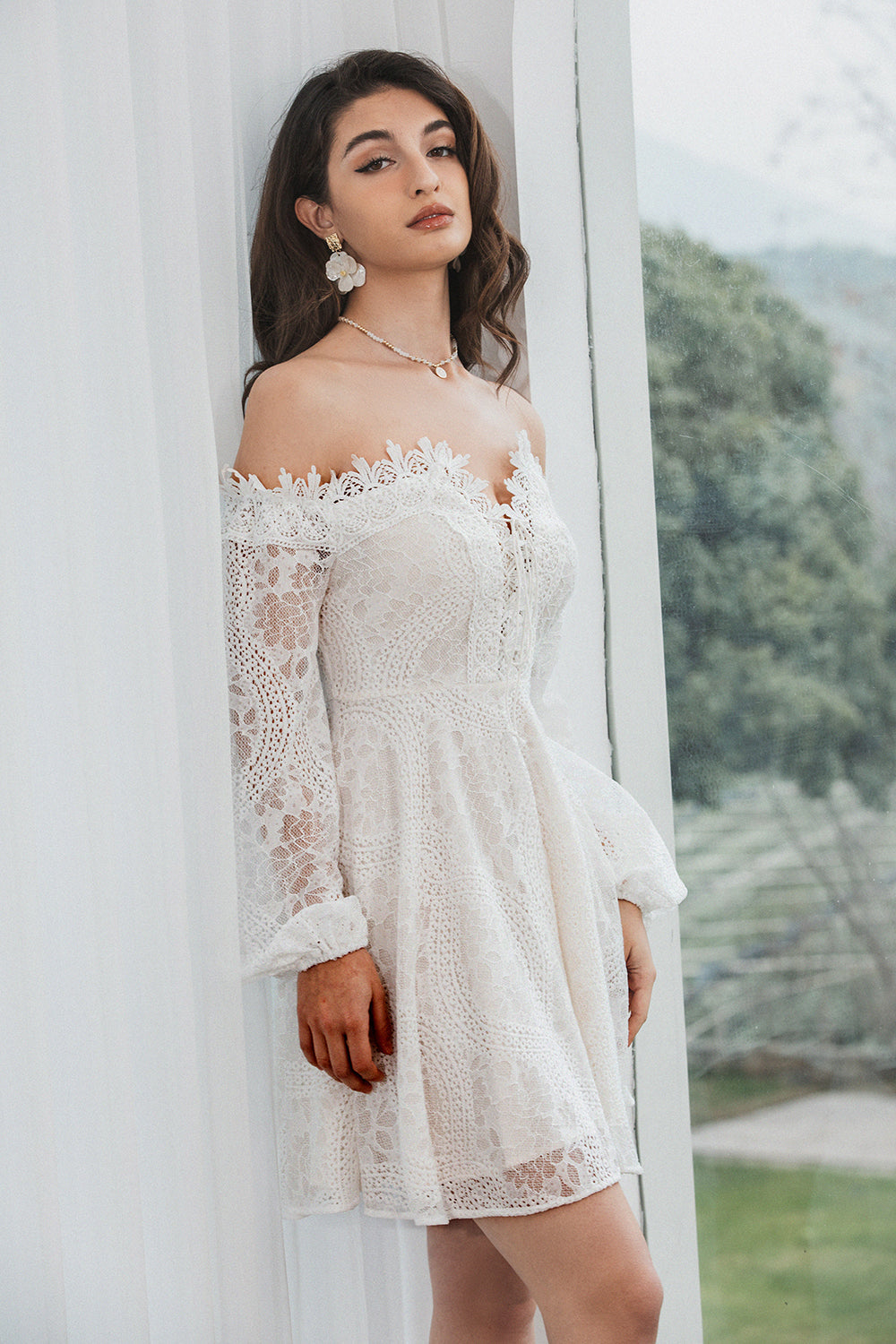 Elegant Off the Shoulder Lace White Graduation Dress with Long Sleeves